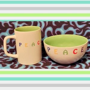 2Pc Set of Great Gatherings Dinnerware White/Lime/Multiclr PEACE Cup & Bowl
